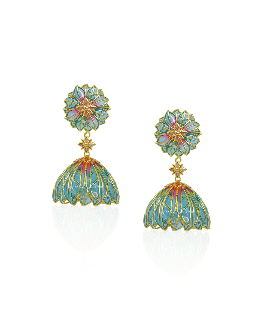 Blue Bloom Lotus Jhumki Earrings - Flower Delicate Statement Jewellery - In Gold finish