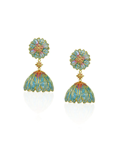 Blue Bloom Lotus Jhumki Earrings - Flower Delicate Statement Jewellery - In Gold finish