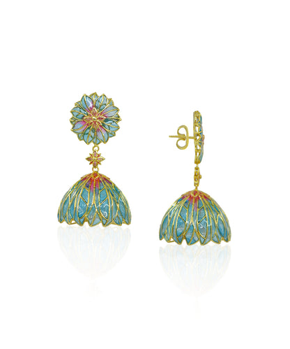Blue Bloom Lotus Jhumki Earrings - Flower Delicate Statement Jewellery - In Gold finish