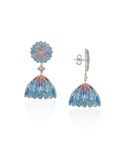 Blue Bloom Lotus Jhumki Earrings - Flower Delicate Statement Jewellery - Silver Anti-Tarnish Finish