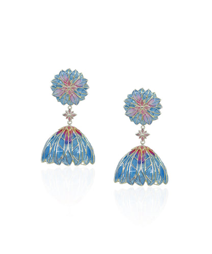 Blue Bloom Lotus Jhumki Earrings - Flower Delicate Statement Jewellery - Silver Anti-Tarnish Finish