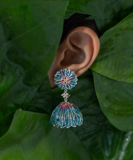 Blue Bloom Lotus Jhumki Earrings - Flower Delicate Statement Jewellery - Silver Anti-Tarnish Finish