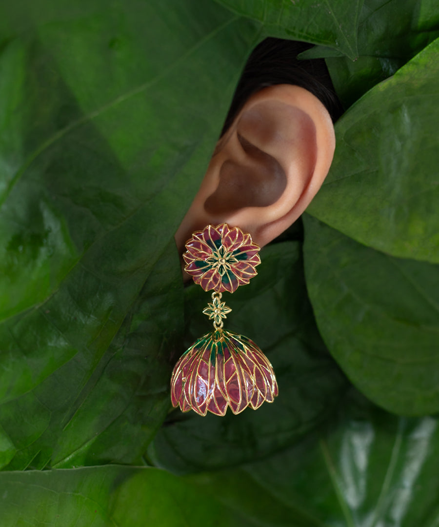 Pink Bloom Lotus Jhumki Earrings - Flower Delicate Statement Jewellery - In Gold finish