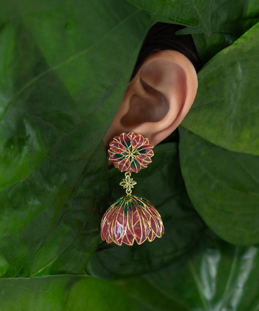 Pink Bloom Lotus Jhumki Earrings - Flower Delicate Statement Jewellery - In Gold finish