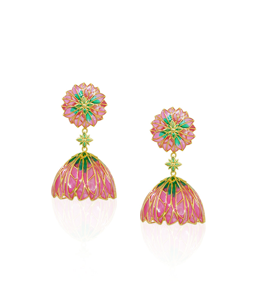 Pink Bloom Lotus Jhumki Earrings - Flower Delicate Statement Jewellery - In Gold finish