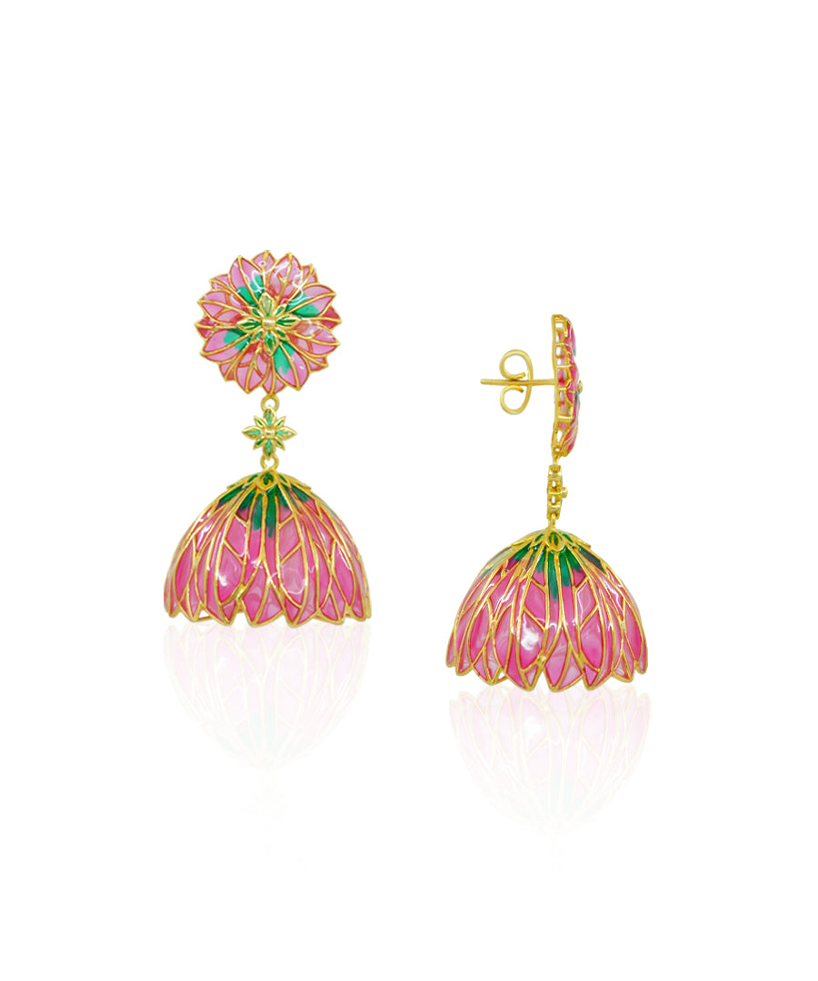Pink Bloom Lotus Jhumki Earrings - Flower Delicate Statement Jewellery - In Gold finish