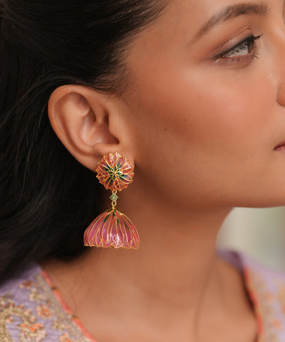 Pink Bloom Lotus Jhumki Earrings - Flower Delicate Statement Jewellery - In Gold finish