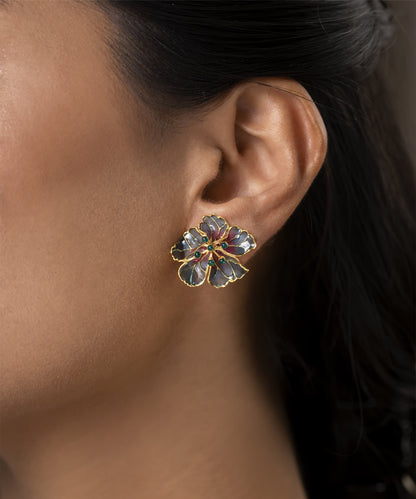 Blue Bloom Stud Earrings - Flower Delicate Statement Jewellery - in Gold Finish