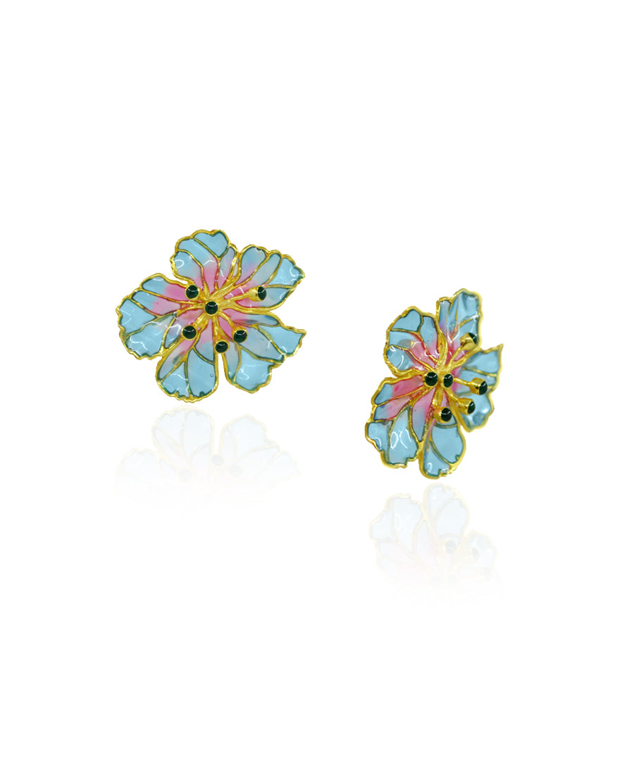 Blue Bloom Stud Earrings - Flower Delicate Statement Jewellery - in Gold Finish