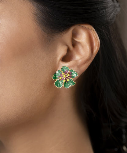 Green Bloom Stud Earrings - Flower Delicate Statement Jewellery - in Gold Finish