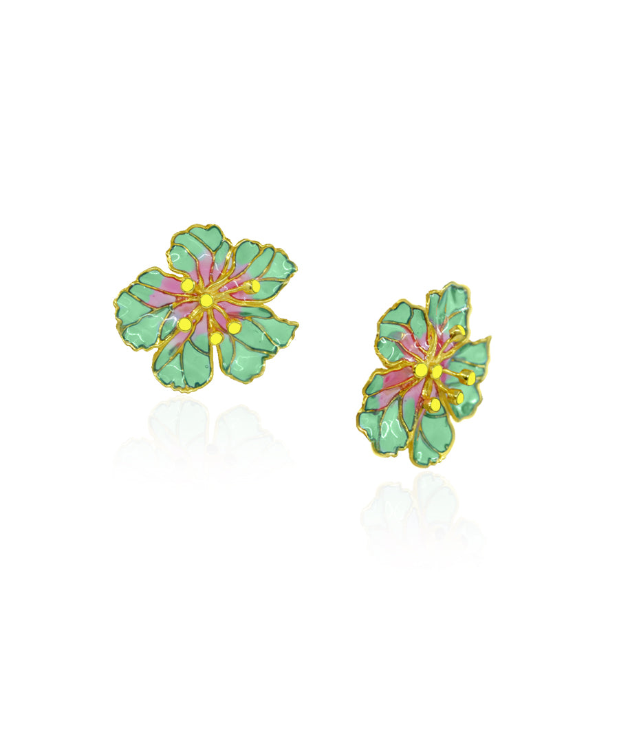 Green Bloom Stud Earrings - Flower Delicate Statement Jewellery - in Gold Finish