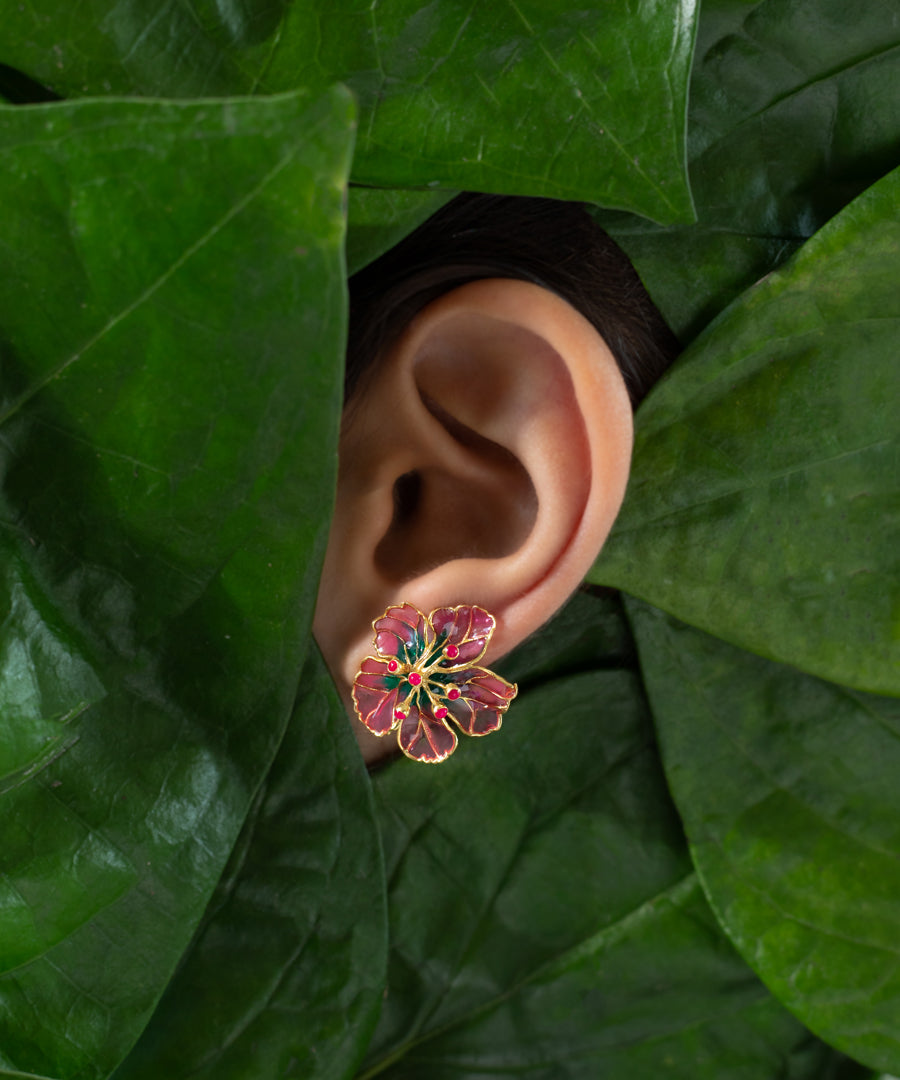 Pink Bloom Stud Earrings - Flower Delicate Statement Jewellery - in Gold Finish