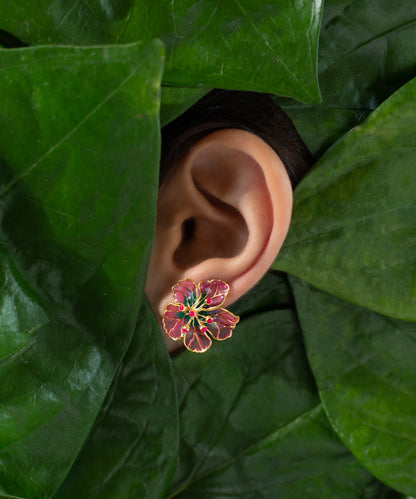 Pink Bloom Stud Earrings - Flower Delicate Statement Jewellery - in Gold Finish