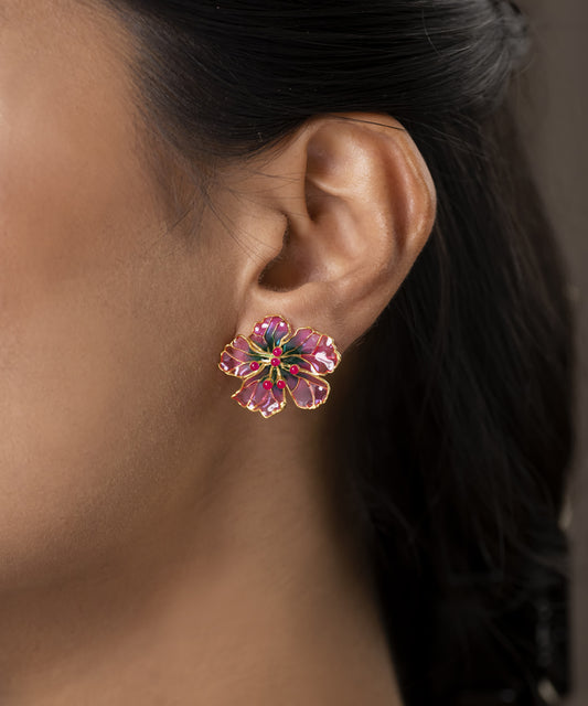 Pink Bloom Stud Earrings - Flower Delicate Statement Jewellery - in Gold Finish