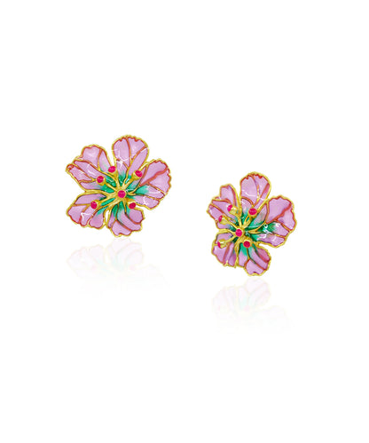 Pink Bloom Stud Earrings - Flower Delicate Statement Jewellery - in Gold Finish