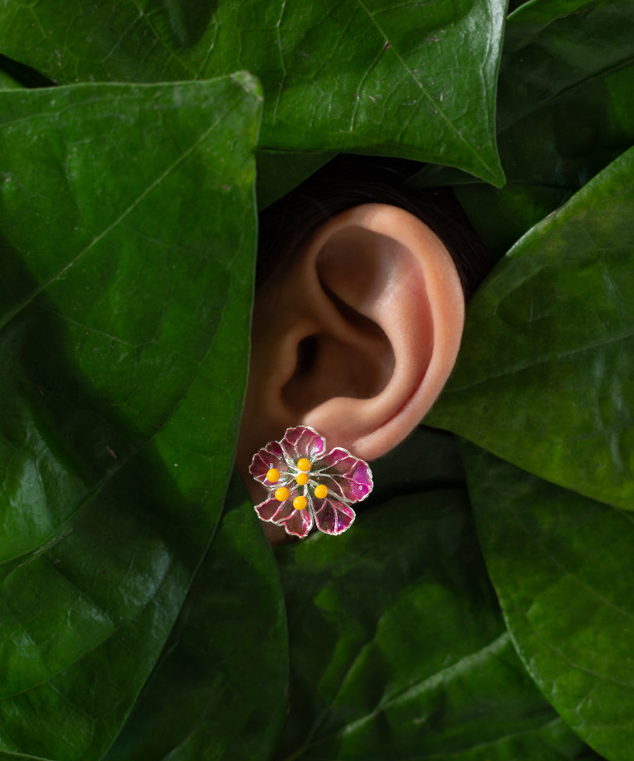 Pink Bloom Stud Earrings - Flower Delicate Statement Jewellery - Silver Anti-Tarnish Finish