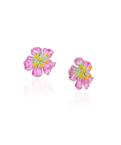 Pink Bloom Stud Earrings - Flower Delicate Statement Jewellery - Silver Anti-Tarnish Finish
