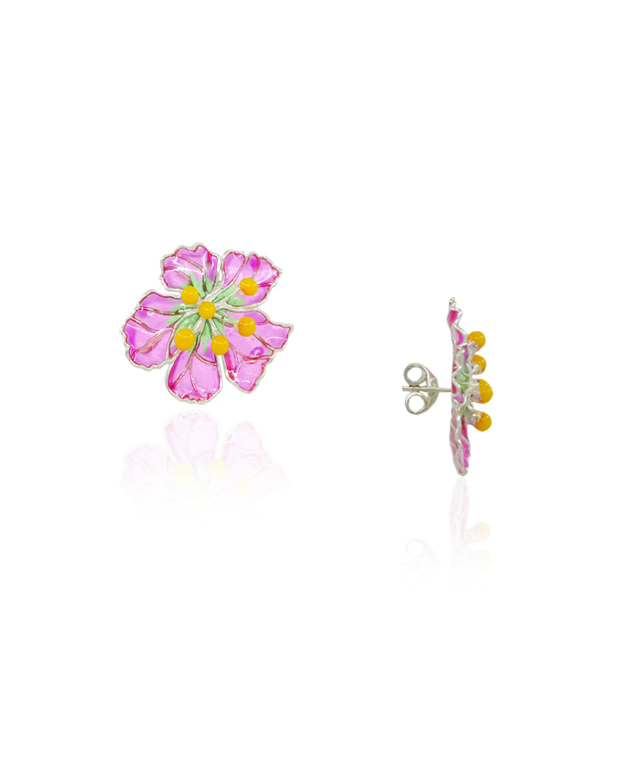 Pink Bloom Stud Earrings - Flower Delicate Statement Jewellery - Silver Anti-Tarnish Finish