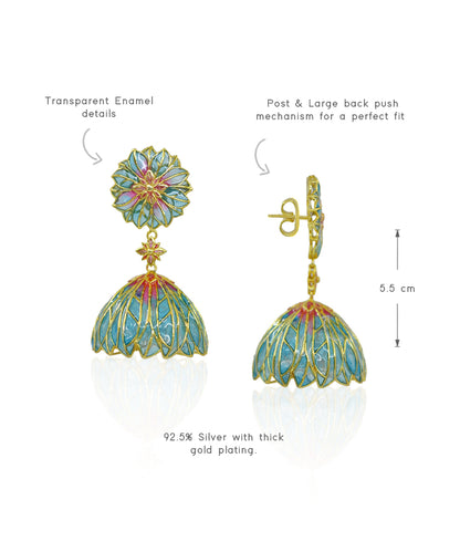 Blue Bloom Lotus Jhumki Earrings - Flower Delicate Statement Jewellery - In Gold finish