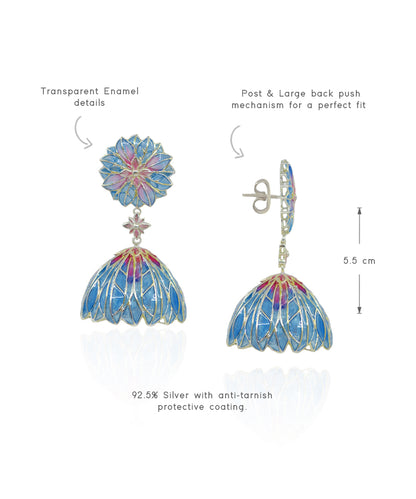Blue Bloom Lotus Jhumki Earrings - Flower Delicate Statement Jewellery - Silver Anti-Tarnish Finish