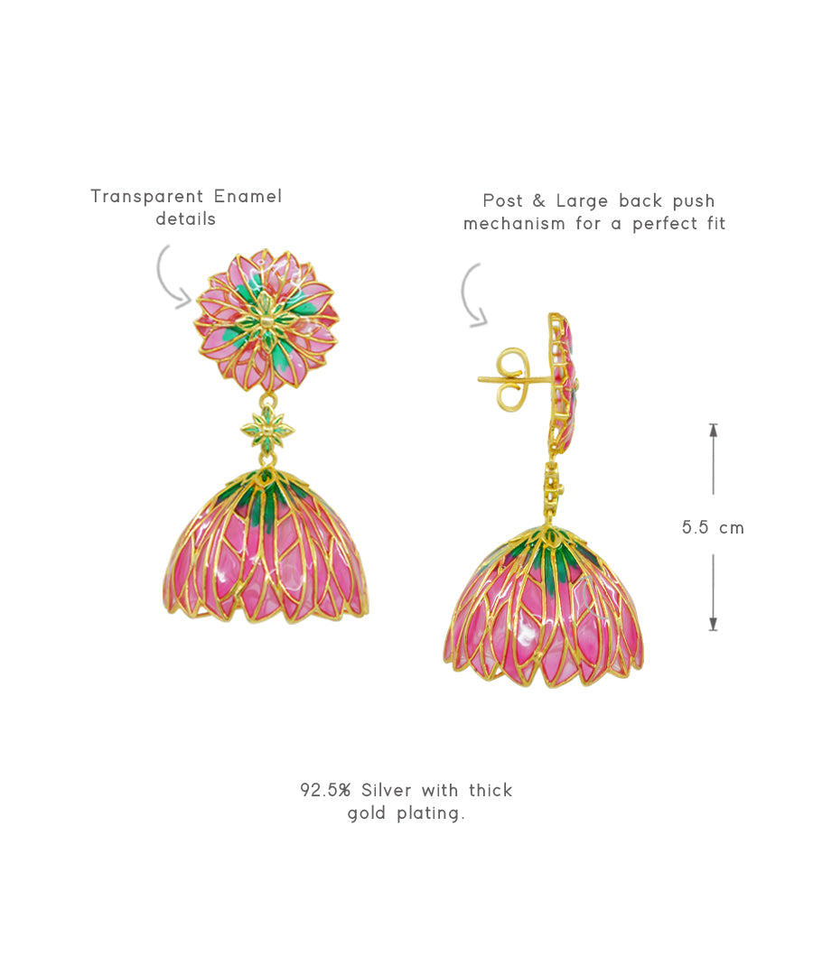 Pink Bloom Lotus Jhumki Earrings - Flower Delicate Statement Jewellery - In Gold finish