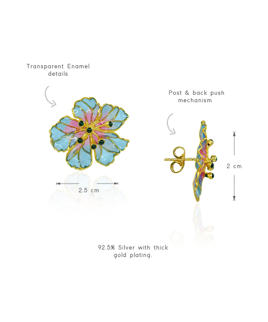 Blue Bloom Stud Earrings - Flower Delicate Statement Jewellery - in Gold Finish