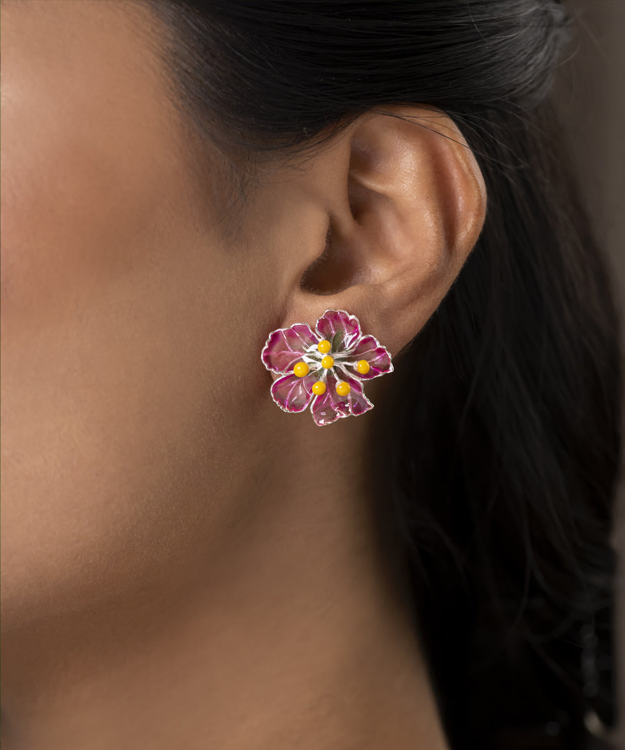 Pink Bloom Stud Earrings - Flower Delicate Statement Jewellery - Silver Anti-Tarnish Finish
