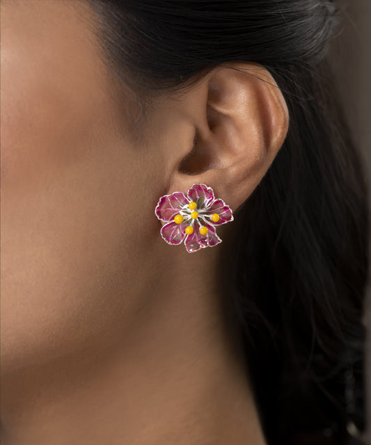 Pink Bloom Stud Earrings - Flower Delicate Statement Jewellery - Silver Anti-Tarnish Finish