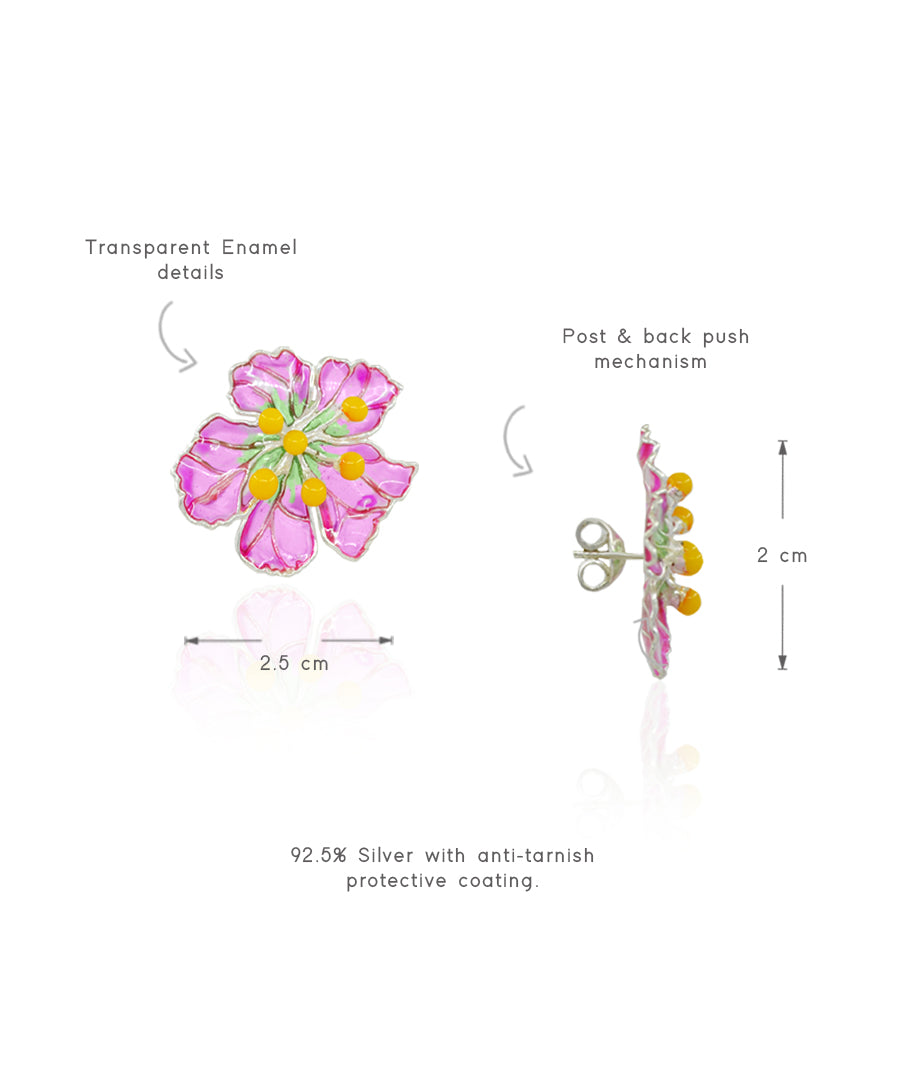 Pink Bloom Stud Earrings - Flower Delicate Statement Jewellery - Silver Anti-Tarnish Finish