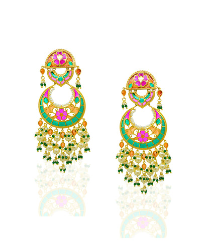 Multi Feroza Phulkari Chandbali Earrings