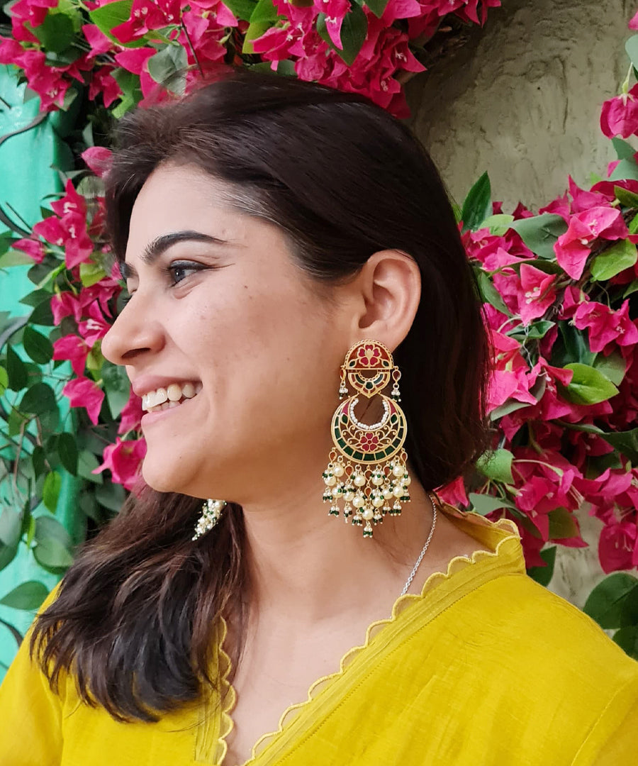 Multi Feroza Phulkari Chandbali Earrings