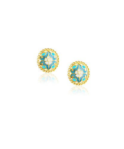 Feroza Stud Earrings with Rajwada Kurta Buttons - Gift Box For Him and Her - Sterling Silver - Goldplated