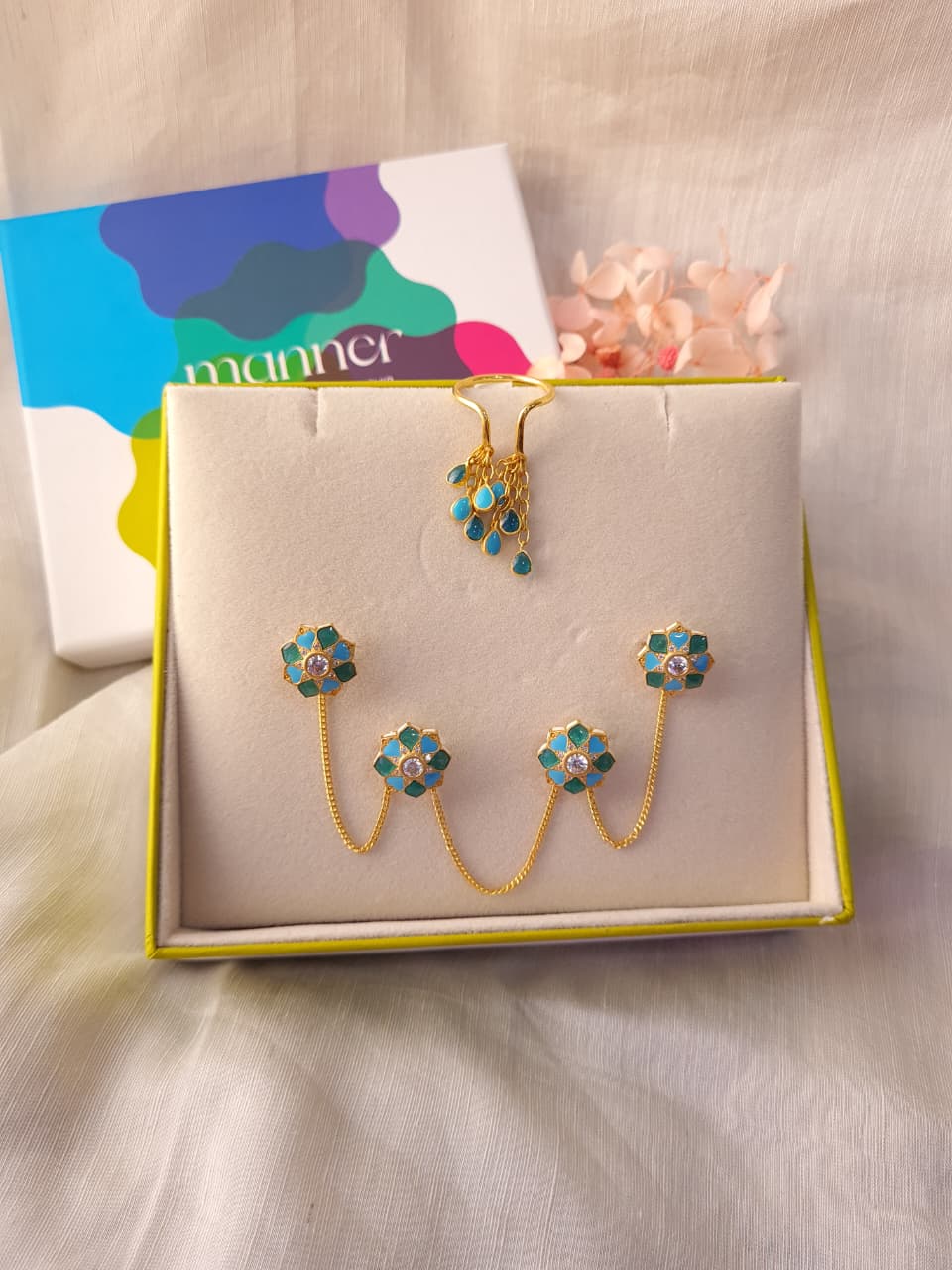 Feroza Bani Drop Ring with Feroza Rajwada Kurta Buttons - Gift Box For Him and Her - Sterling Silver