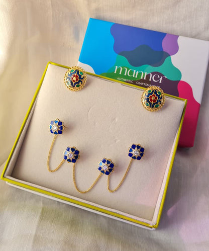 Feroza Stud Earrings with Rajwada Kurta Buttons - Gift Box For Him and Her - Sterling Silver
