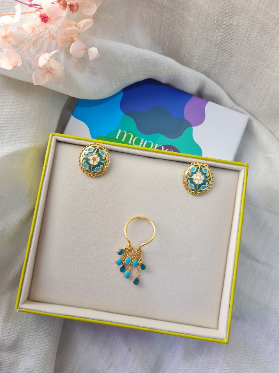 Feroza Seerat Stud Earrings with Feroza Bani Drop Ring - Gift Box For Women - Sterling Silver