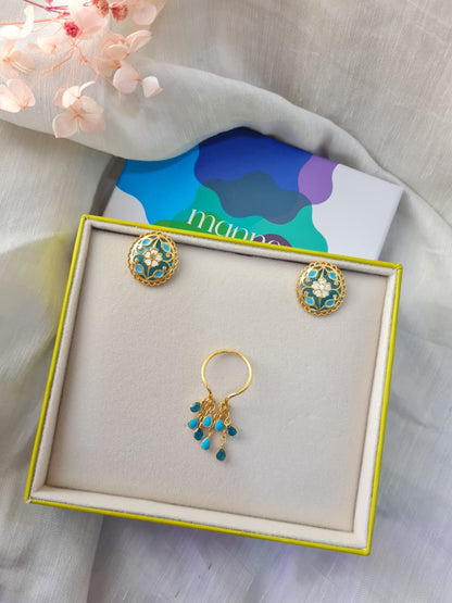 Feroza Seerat Stud Earrings with Feroza Bani Drop Ring - Gift Box For Women - Sterling Silver