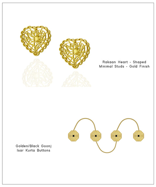 Rakaan Gold Plated Heart Stud Earrings with Goonj Kurta Buttons - Gift Box For Him and Her - Sterling Silver