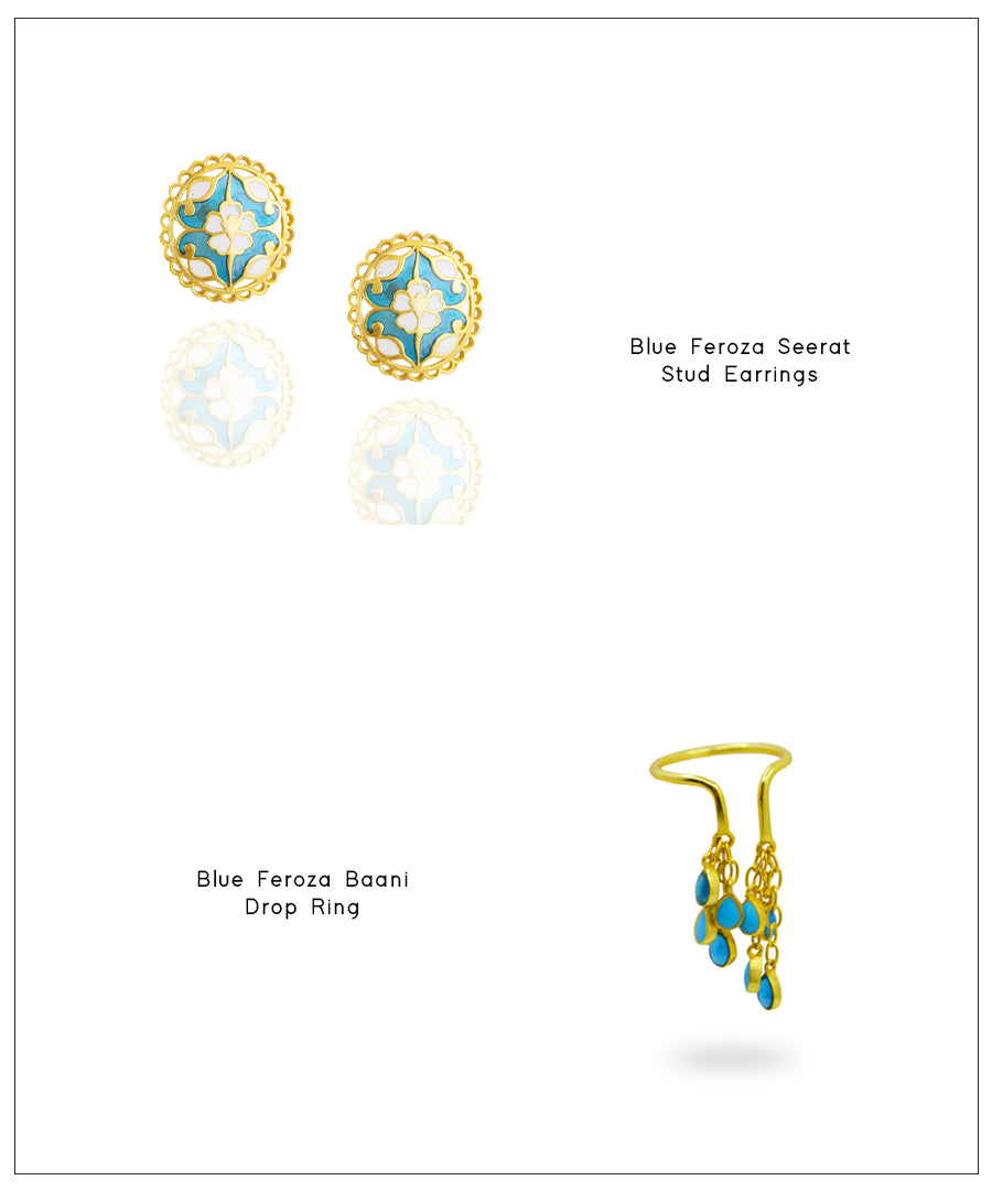Feroza Seerat Stud Earrings with Feroza Bani Drop Ring - Gift Box For Women - Sterling Silver