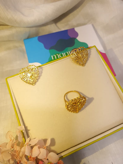 Rakaan Gold Plated Heart Stud Earrings with Heart Ring - Gift Box For Women - Sterling Silver