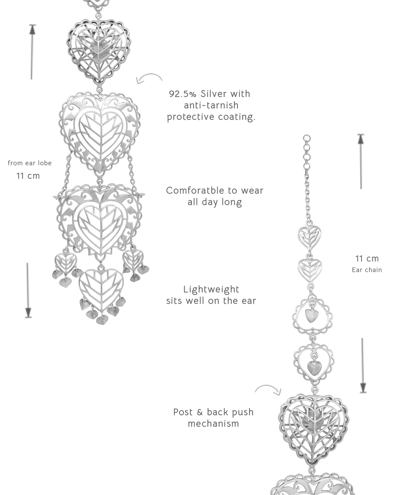 Rakaan Oversized Heart Earrings – Boho Statement Jewelry - Light Weight with Ear Chain - Silver Finish