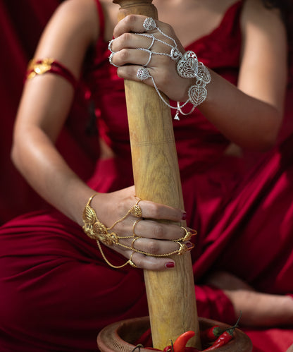 Rakaan - Hathphool Bracelet - Boho Statement Jewellery - Gold Plated - Heart Motif - Four Finger Hand Harness