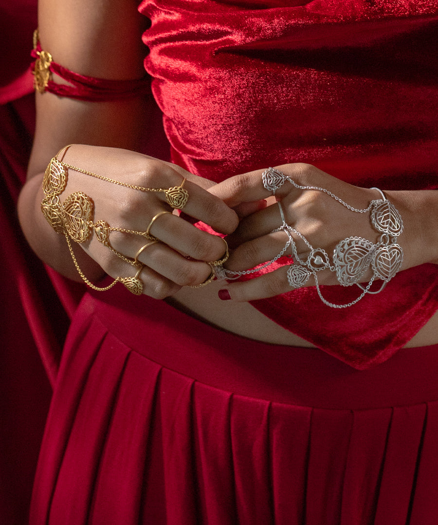 Rakaan - Hathphool Bracelet - Boho Statement Jewellery - Gold Plated - Heart Motif - Four Finger Hand Harness