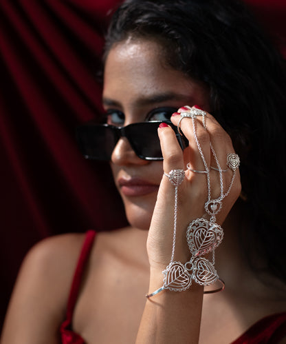 Rakaan - Hathphool Bracelet - Boho Statement Jewellery - Anti-Tarnish - Heart Motif - Four Finger Hand Harness