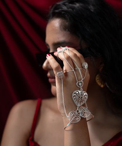 Rakaan - Hathphool Bracelet - Boho Statement Jewellery - Anti-Tarnish - Heart Motif - Four Finger Hand Harness