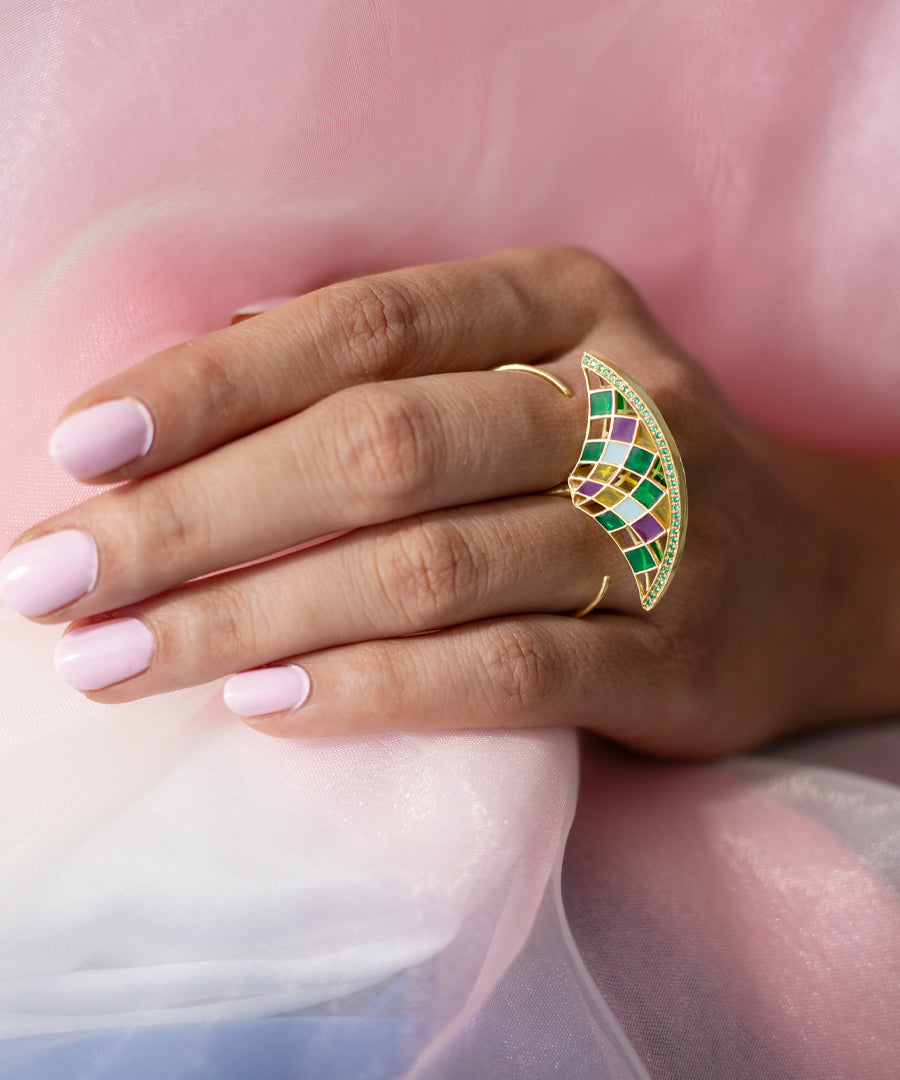 Ruyah Green Enameled Two Finger Adjustable Ring - in Gold Finish