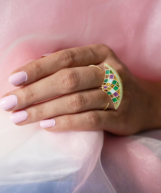 Ruyah Green Enameled Two Finger Adjustable Ring - in Gold Finish