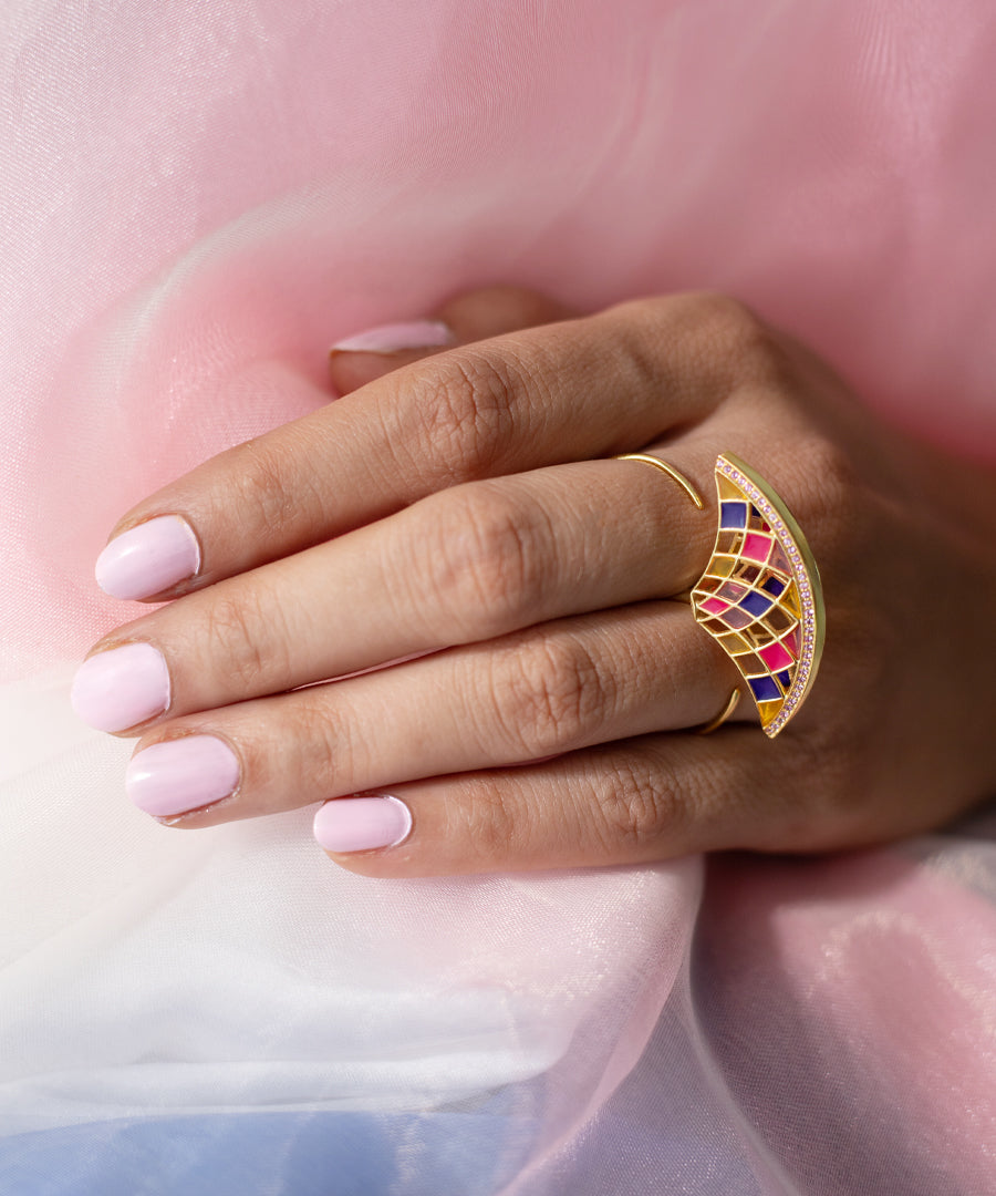 Ruyah Pink Enameled Two Finger Adjustable Ring - in Gold Finish
