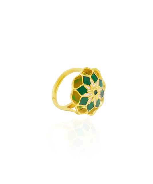 Gul Silver Green Askim Ring – Meenakari Cocktail Ring In Gold Finish