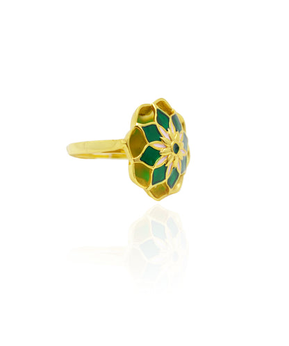 Gul Silver Green Askim Ring – Meenakari Cocktail Ring In Gold Finish
