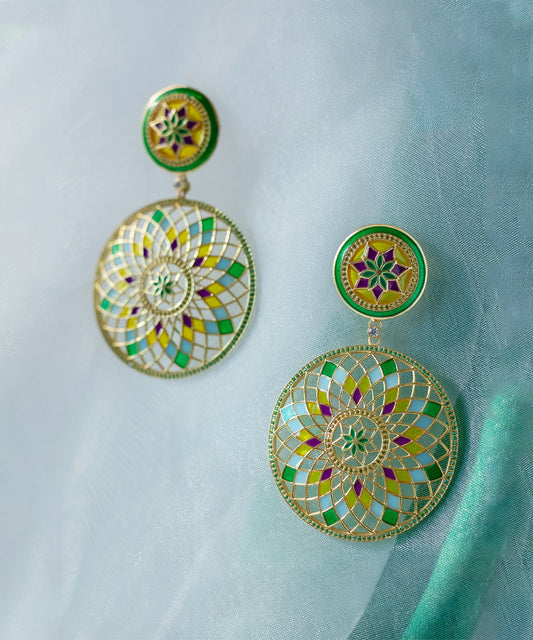 Ruyah Handcrafted Green Enamel Long Danglers - Radial Pattern Floral Earrings in Gold Finish